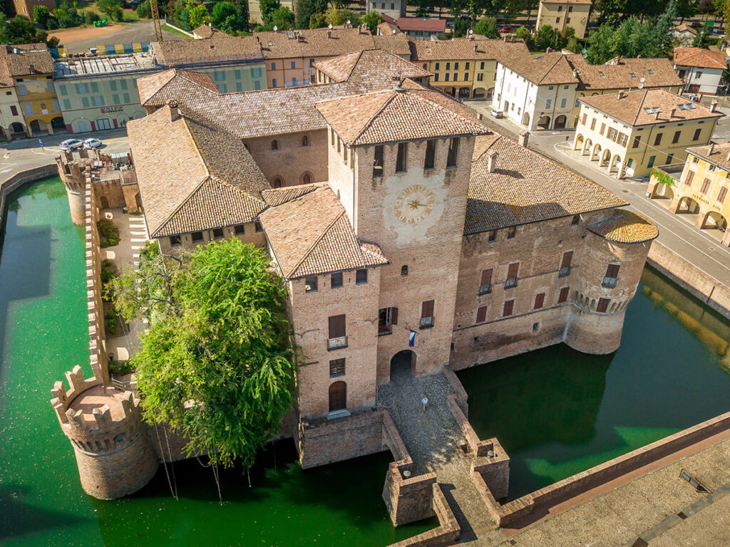 ITS__0009_Aerial view of Fontanellato castle with green water in the moat near Parma