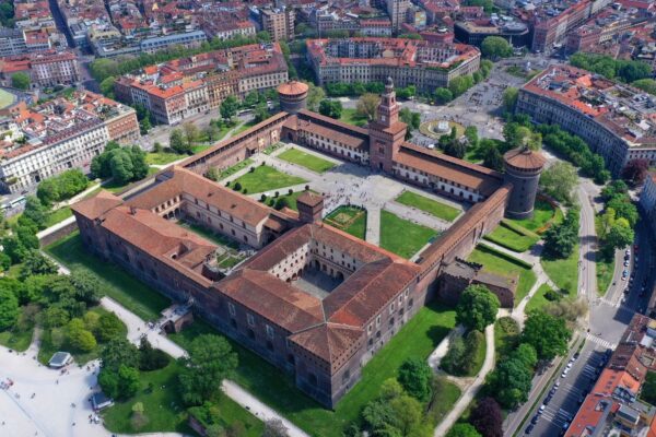 Aerial Drone Photo Of Iconic Medieval Castle Of Sforza Or — Northern Italy luxury tour by Italy Travel Specialist
